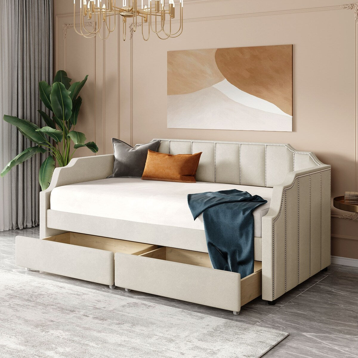 Twin Size Velvet Versatile Sofa Bed Upholstered Daybed with 2 Drawers / Wood Slat Support / Unique Backrest / Rivets Armrests