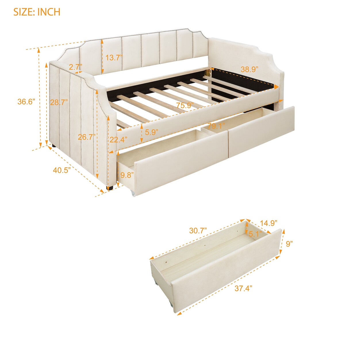 Twin Size Velvet Versatile Sofa Bed Upholstered Daybed with 2 Drawers / Wood Slat Support / Unique Backrest / Rivets Armrests