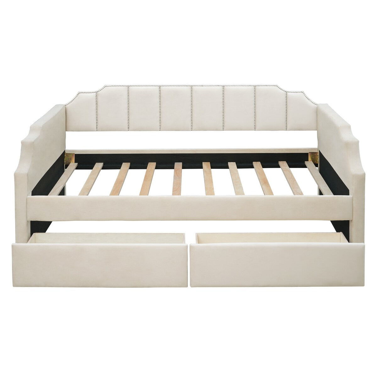 Twin Size Velvet Versatile Sofa Bed Upholstered Daybed with 2 Drawers / Wood Slat Support / Unique Backrest / Rivets Armrests
