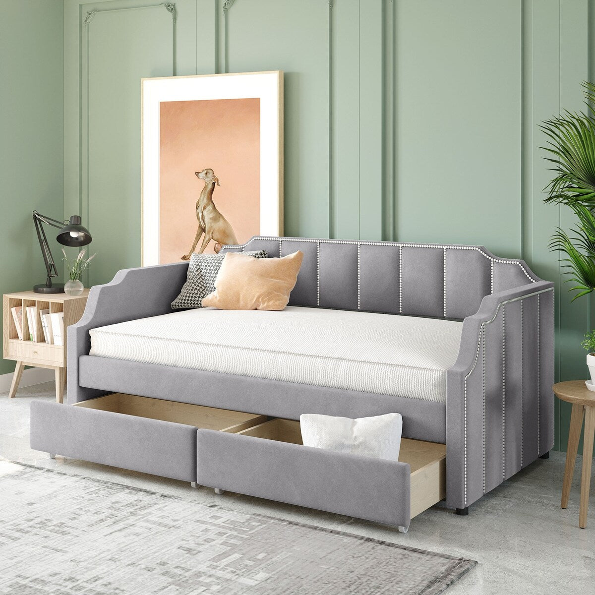 Twin Size Velvet Versatile Sofa Bed Upholstered Daybed with 2 Drawers / Wood Slat Support / Unique Backrest / Rivets Armrests
