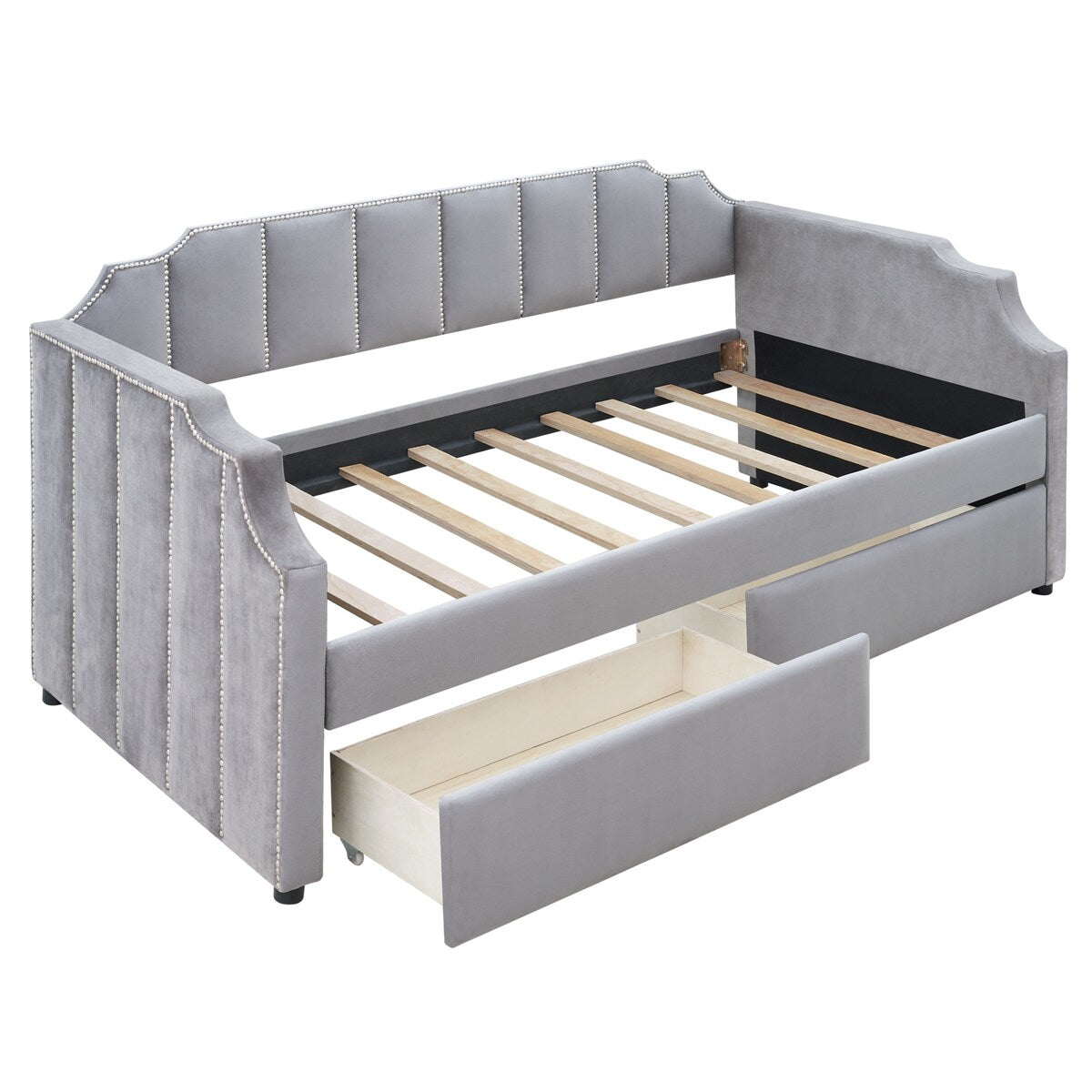 Twin Size Velvet Versatile Sofa Bed Upholstered Daybed with 2 Drawers / Wood Slat Support / Unique Backrest / Rivets Armrests