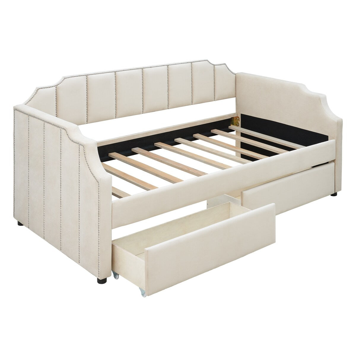 Twin Size Velvet Versatile Sofa Bed Upholstered Daybed with 2 Drawers / Wood Slat Support / Unique Backrest / Rivets Armrests