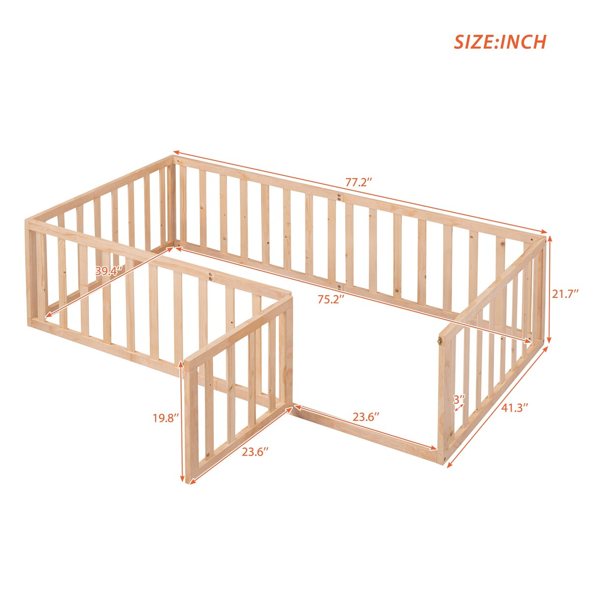 Twin Size Wood Floor Bed Frame with Fence and Door,Natural