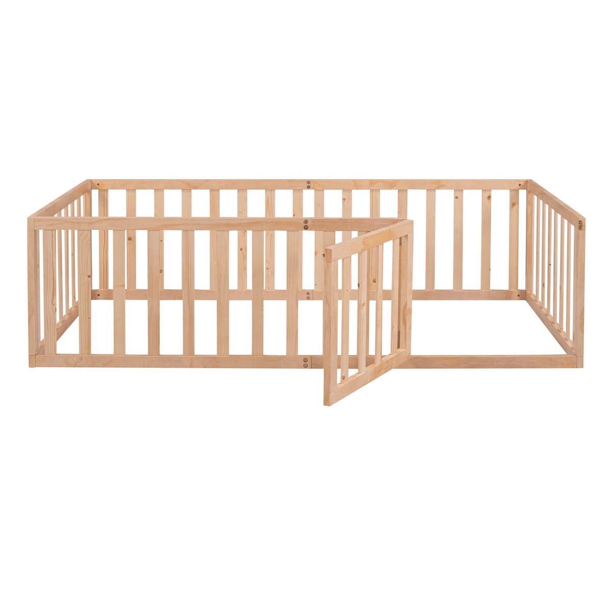 Twin Size Wood Floor Bed Frame with Fence and Door,Natural