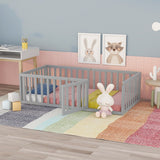 Twin Size Wood Floor Bed Frame with Fence and Door,Natural