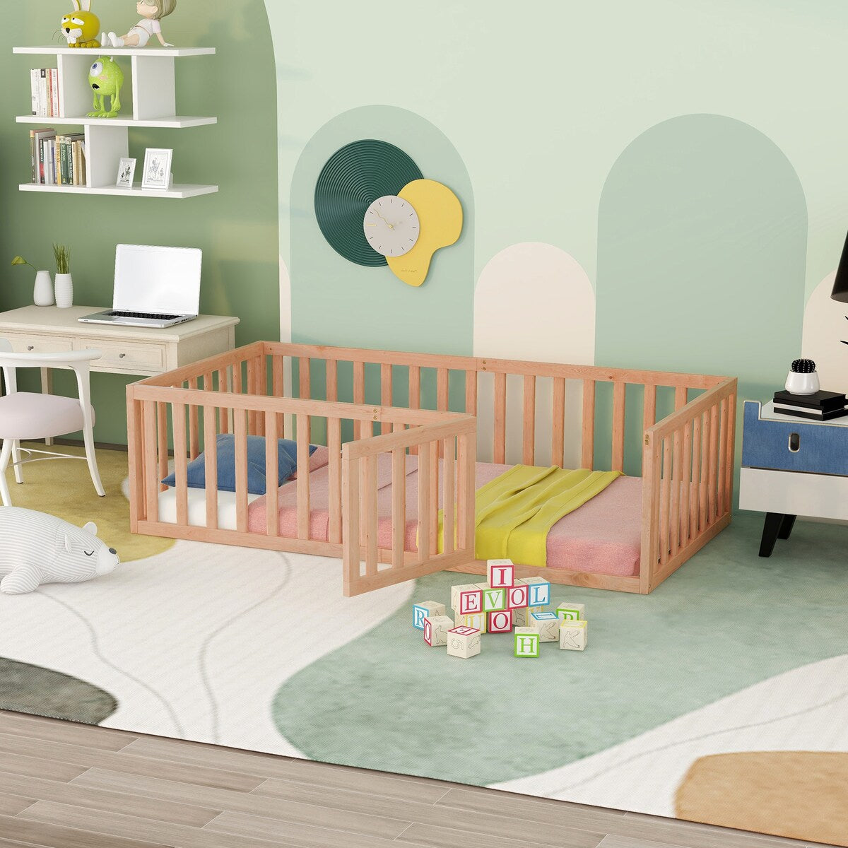 Twin Size Wood Floor Bed Frame with Fence and Door,Natural