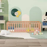 Twin Size Wood Floor Bed Frame with Fence and Door,Natural