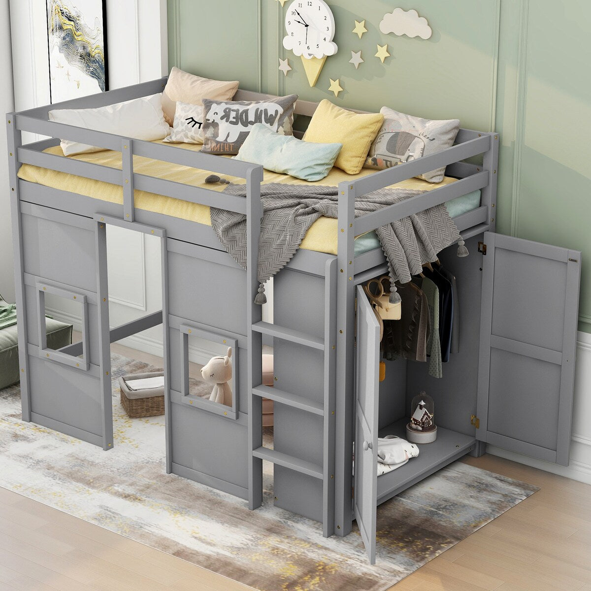 Twin Size Wood Loft Bed with Built-in Storage Wardrobe and 2 