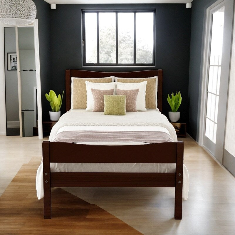 Twin Size Wooden Classic Platform Bed with Curve Headboard and Slat Support
