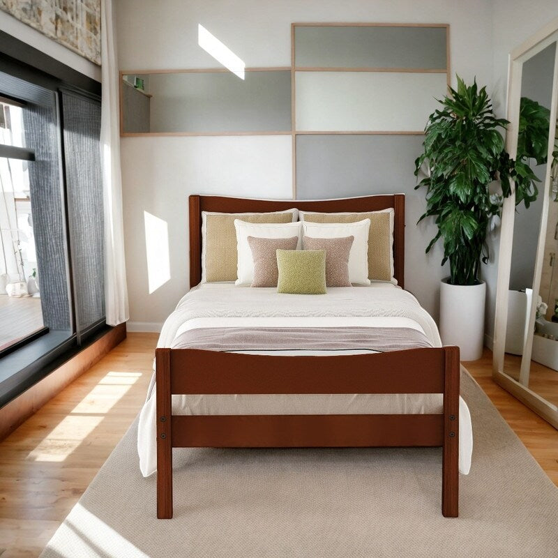 Twin Size Wooden Classic Platform Bed with Curve Headboard and Slat Support