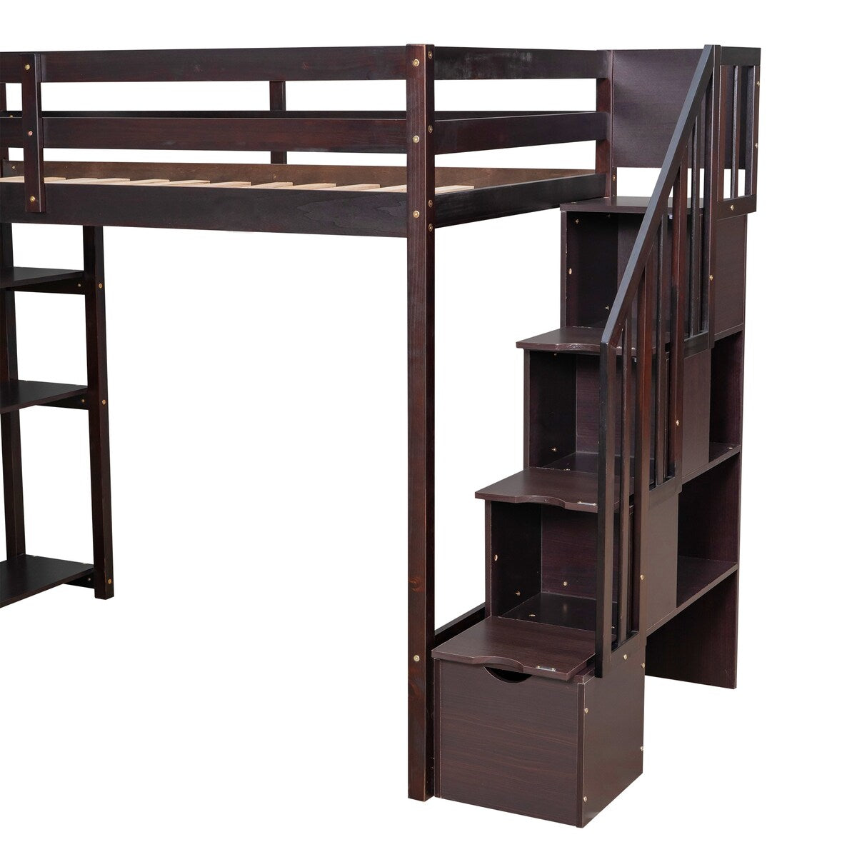 Twin Size Wooden Loft Bed with Storage Drawers and Stairs with Shelves