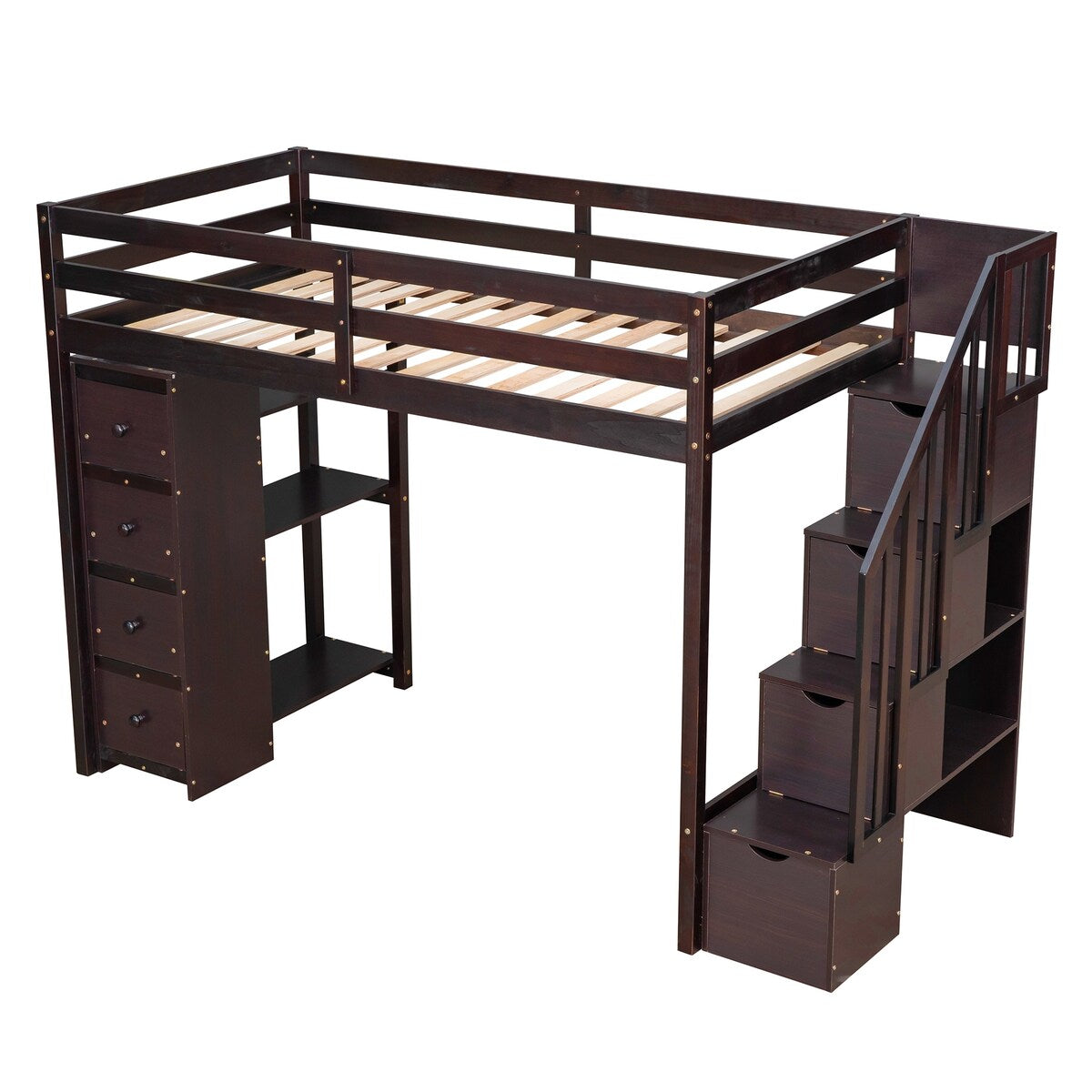 Twin Size Wooden Loft Bed with Storage Drawers and Stairs with Shelves