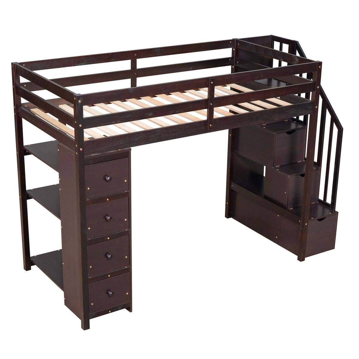 Twin Size Wooden Loft Bed with Storage Drawers and Stairs with Shelves