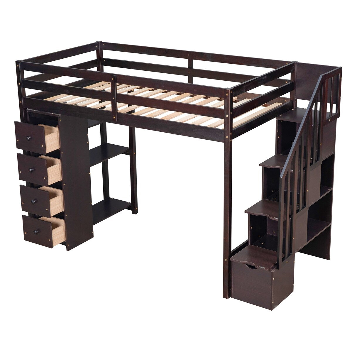 Twin Size Wooden Loft Bed with Storage Drawers and Stairs with Shelves
