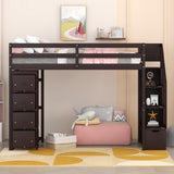 Twin Size Wooden Loft Bed with Storage Drawers and Stairs with Shelves