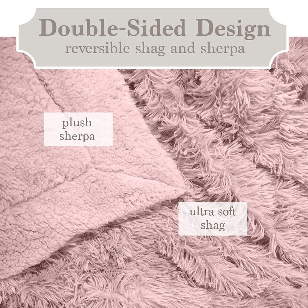 Twin Throw Blanket Soft Plush Reversible Shag and Sherpa Dusty Rose