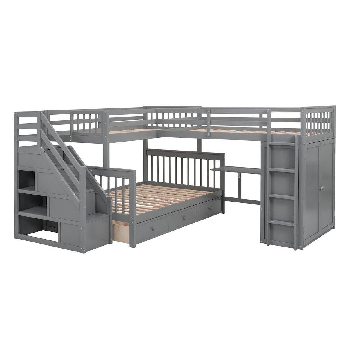 Twin-Twin over Full L-Shaped Extra Space Storage Wood Bunk Bed with Desk and Wardrobe