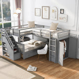 Twin-Twin over Full L-Shaped Extra Space Storage Wood Bunk Bed with Desk and Wardrobe