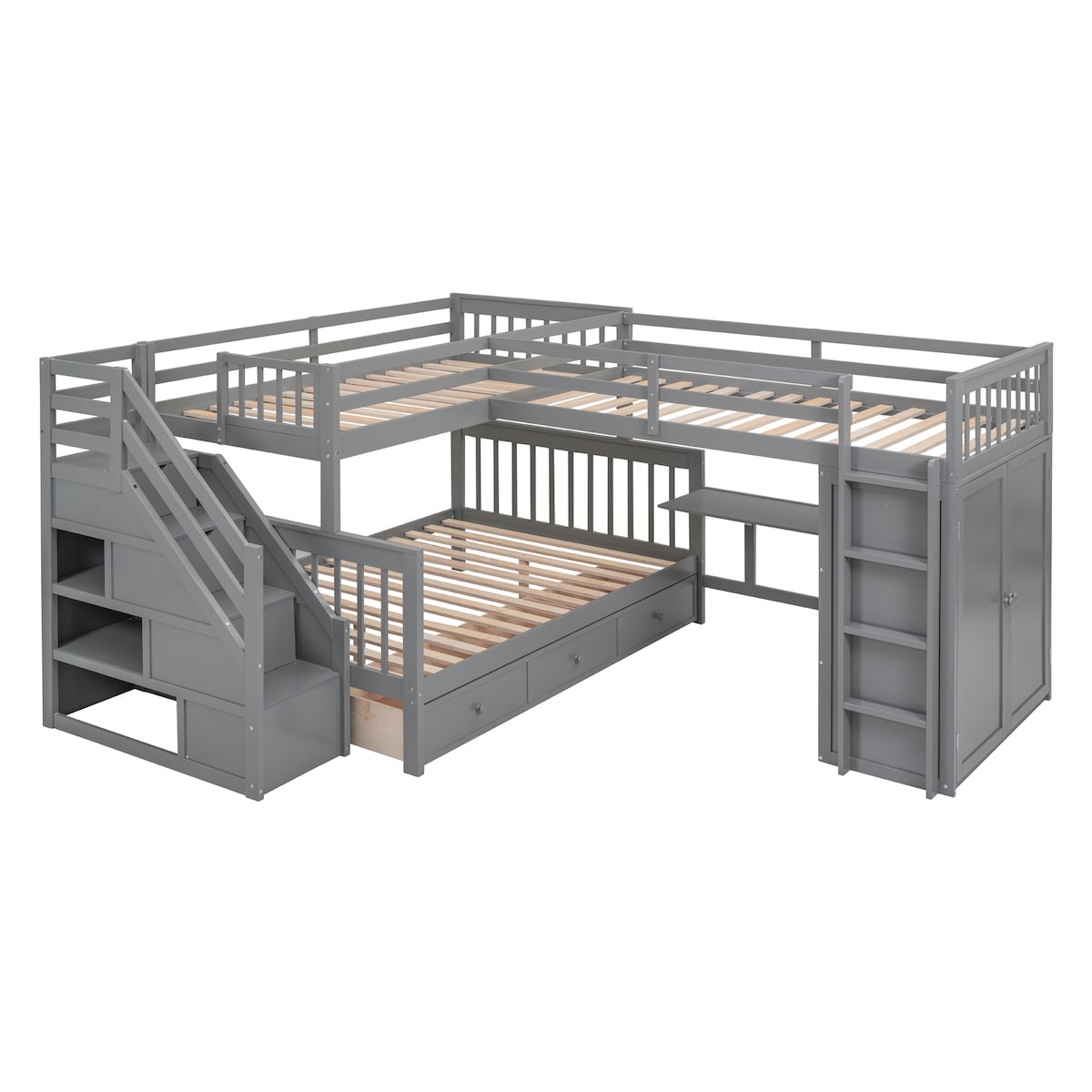 Twin-Twin over Full L-Shaped Extra Space Storage Wood Bunk Bed with Desk and Wardrobe