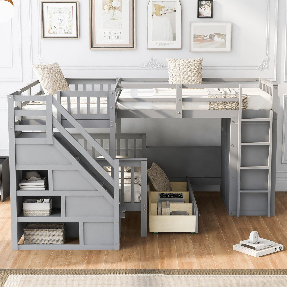 Twin-Twin over Full L-Shaped Extra Space Storage Wood Bunk Bed with Desk and Wardrobe