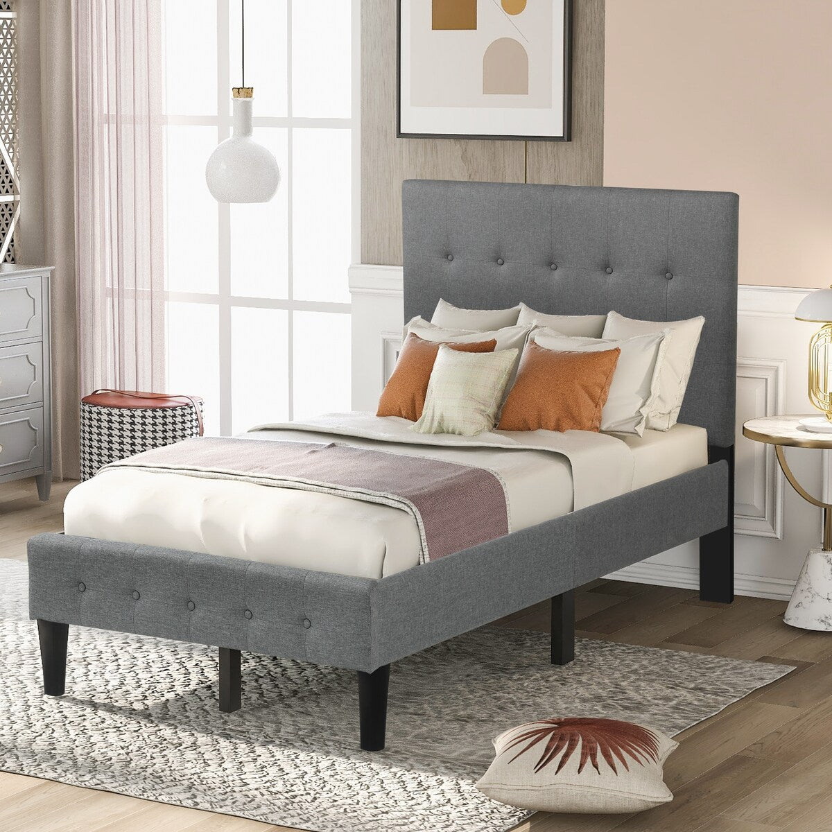 Twin Upholstered Platform Bed with Wooden Slat Support and Tufted Headboard and Foot board