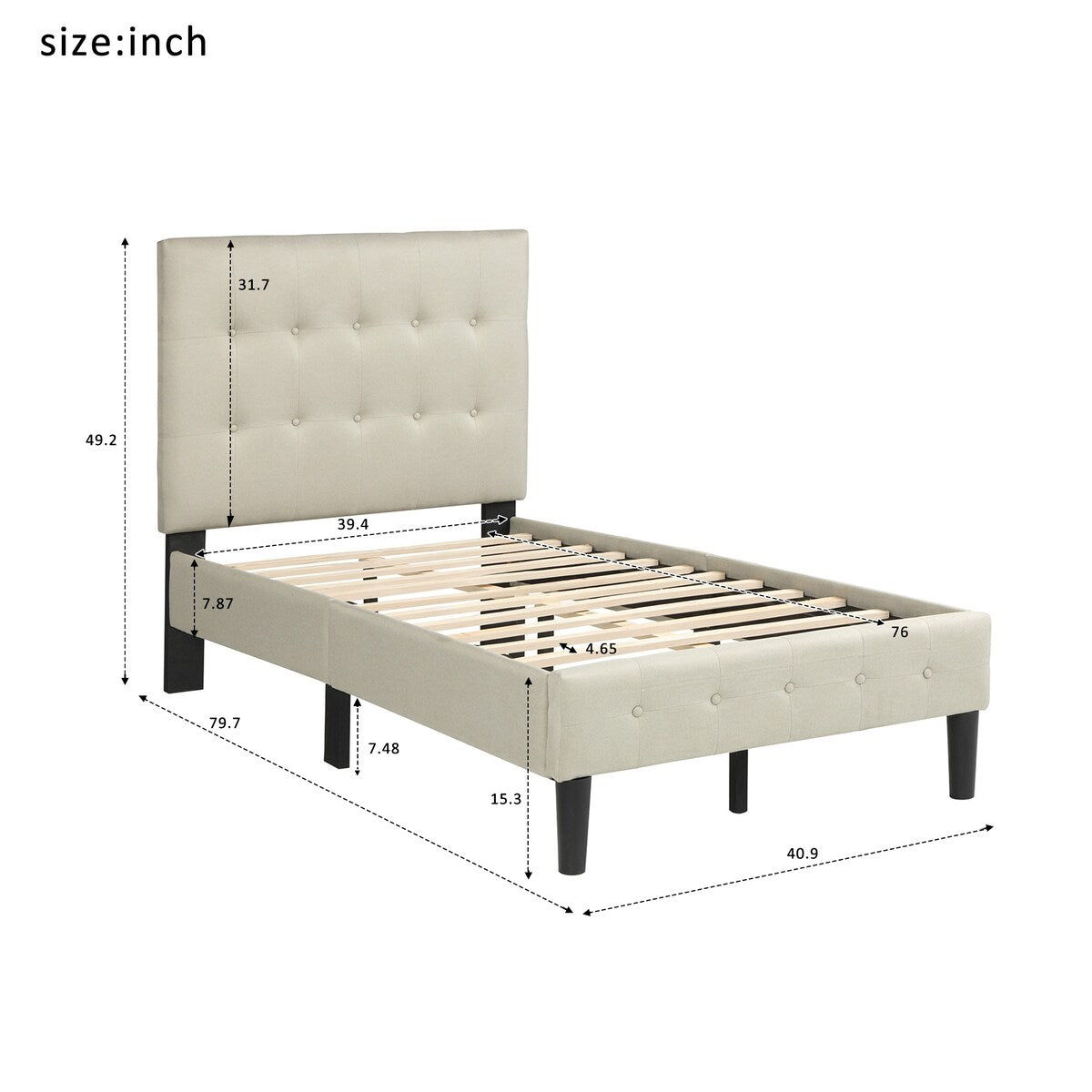 Twin Upholstered Platform Bed with Wooden Slat Support and Tufted Headboard and Foot board