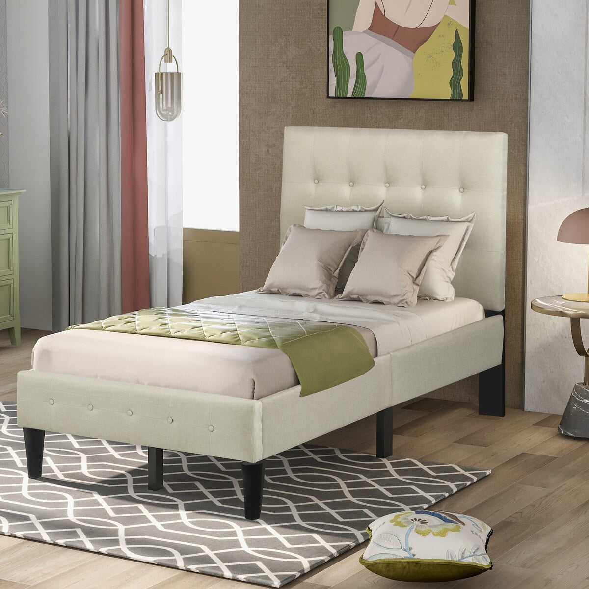 Twin Upholstered Platform Bed with Wooden Slat Support and Tufted Headboard and Foot board