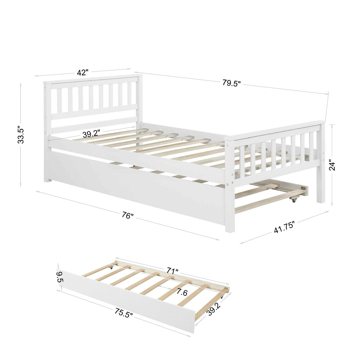 Twin Wood Bed with 2 Side Available Trundle, Headboard & Footboard, White