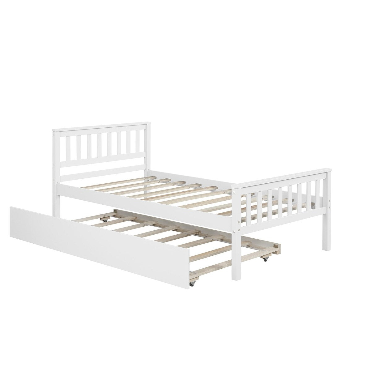 Twin Wood Bed with 2 Side Available Trundle, Headboard & Footboard, White