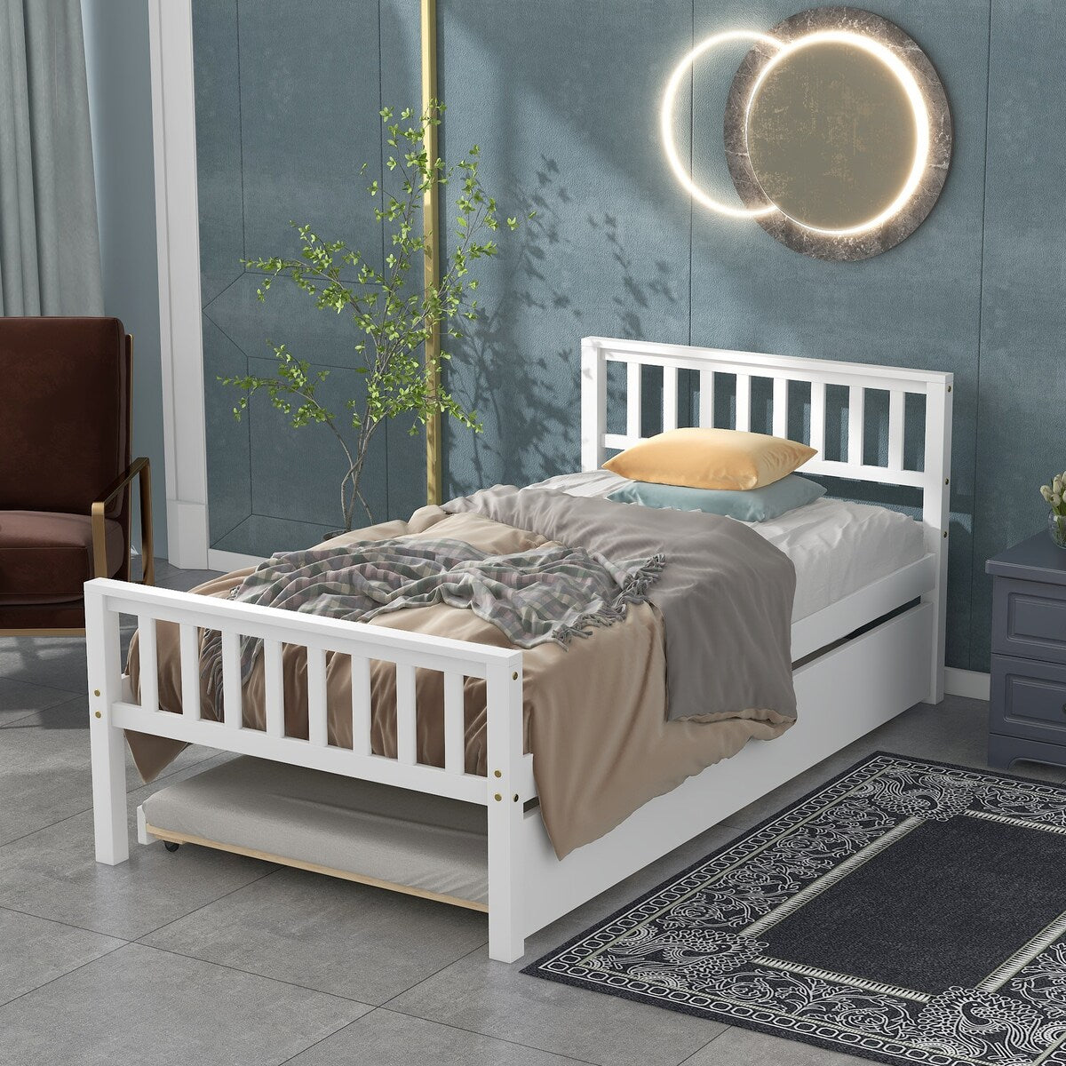 Twin Wood Bed with 2 Side Available Trundle, Headboard & Footboard, White