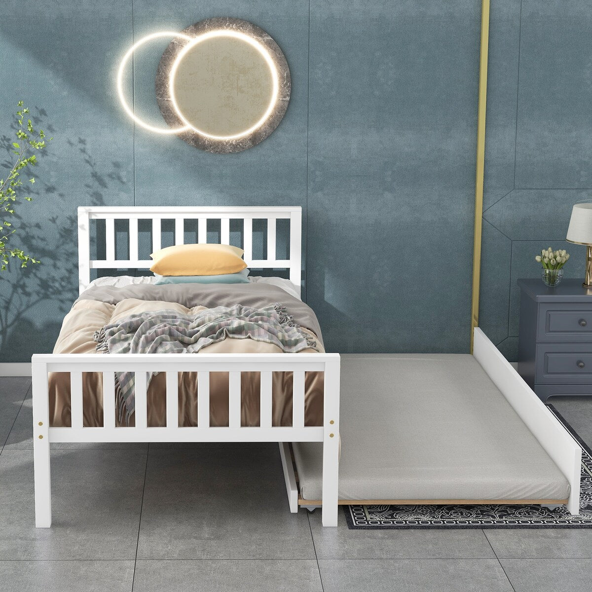 Twin Wood Bed with 2 Side Available Trundle, Headboard & Footboard, White