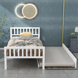 Twin Wood Bed with 2 Side Available Trundle, Headboard & Footboard, White