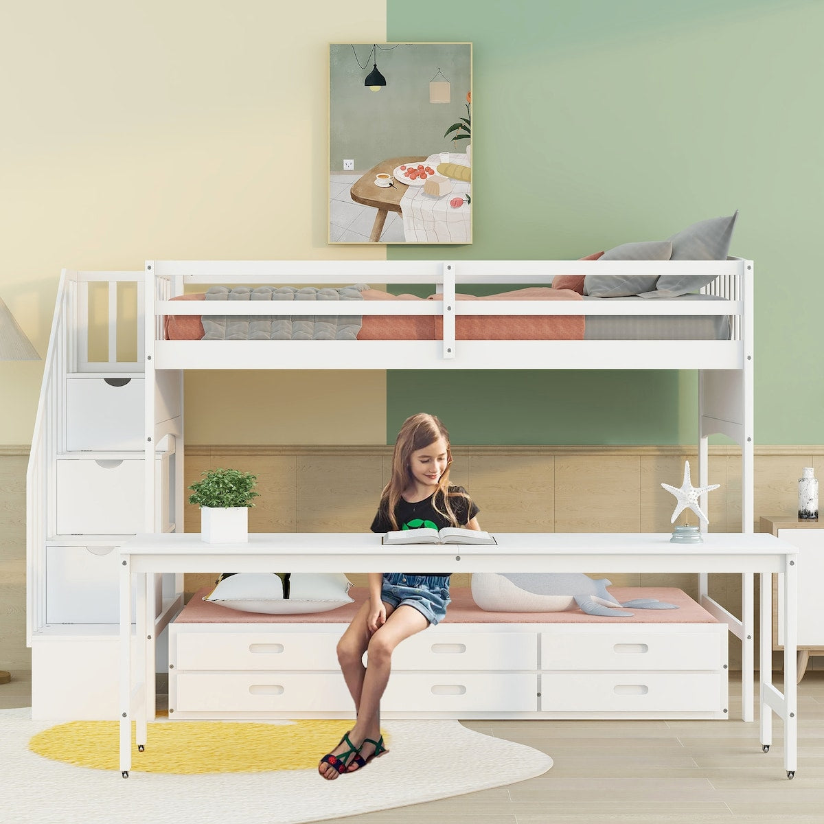 Twin XL Loft Bed with Twin Size Trundle and 3 Drawers, Storage, Desk