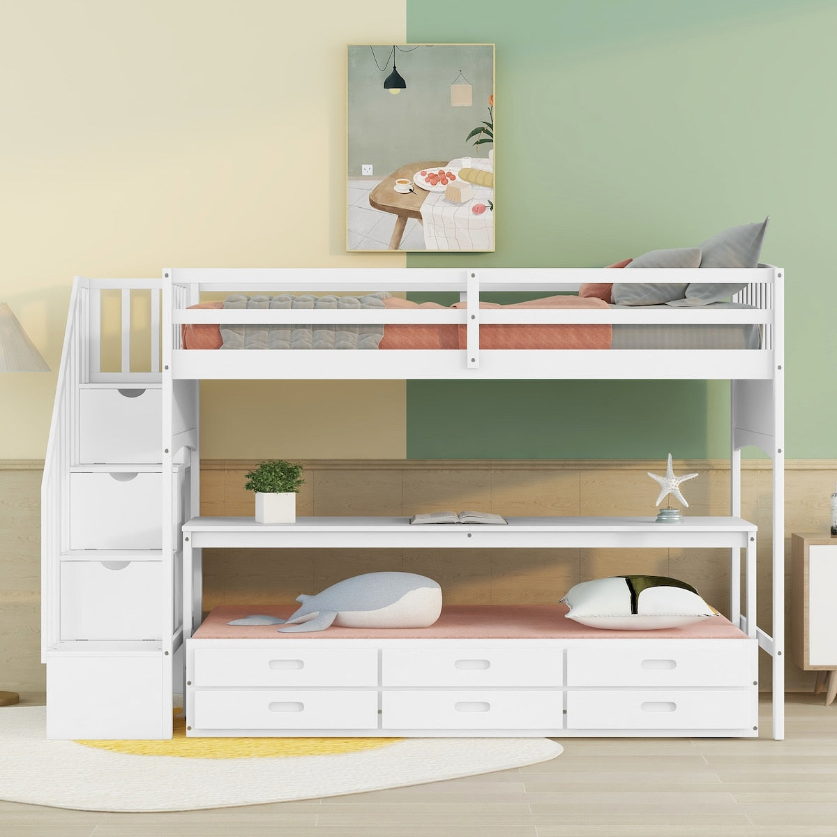Twin XL Loft Bed with Twin Size Trundle and 3 Drawers, Storage, Desk