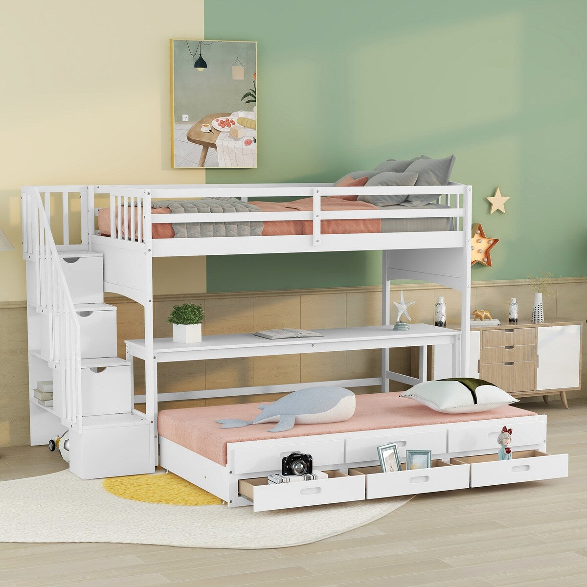 Twin XL Loft Bed with Twin Size Trundle and 3 Drawers, Storage, Desk