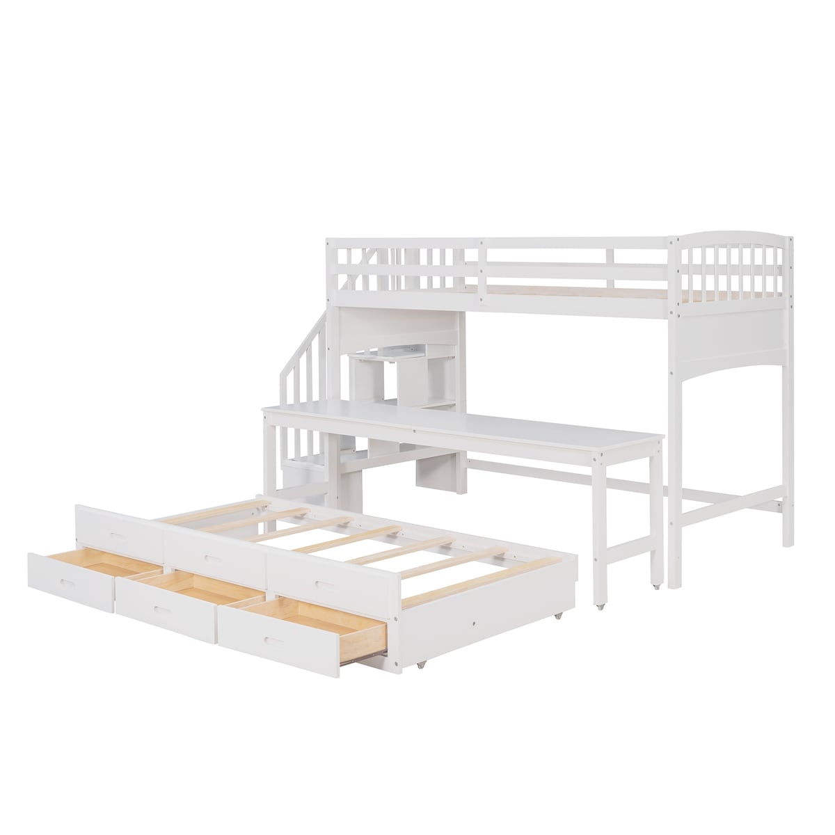 Twin XL Loft Bed with Twin Size Trundle and 3 Drawers, Storage, Desk