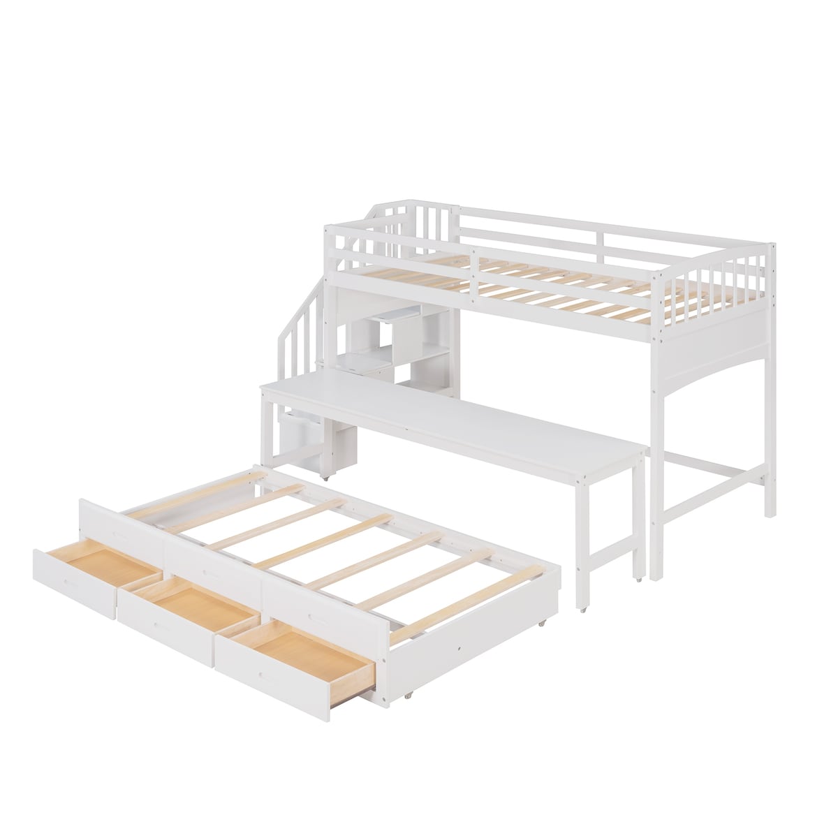 Twin XL Loft Bed with Twin Size Trundle and 3 Drawers, Storage, Desk