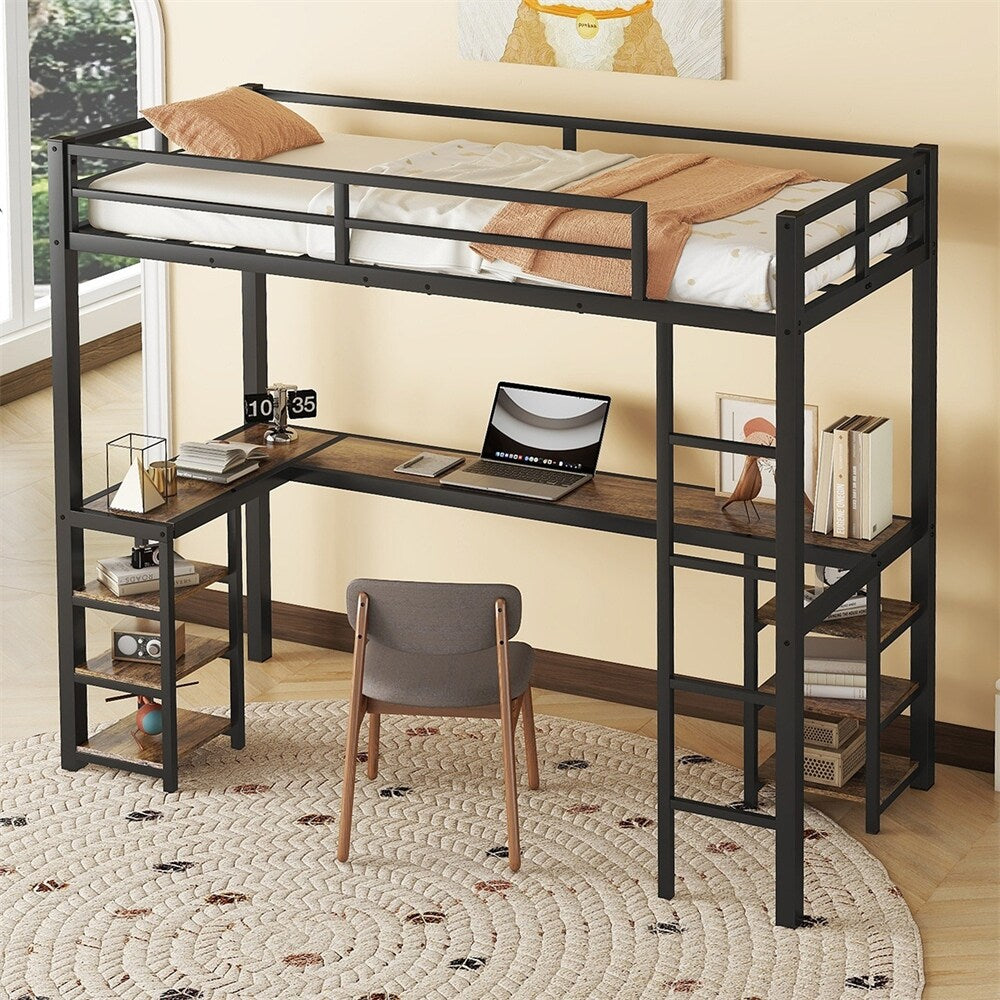 Twin XL Metal Loft Bed with Desk and Shelves, Ladder and Guardrails