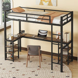 Twin XL Metal Loft Bed with Desk and Shelves, Ladder and Guardrails