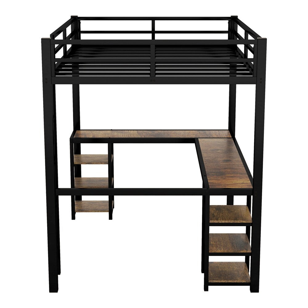 Twin XL Metal Loft Bed with Desk and Shelves, Ladder and Guardrails