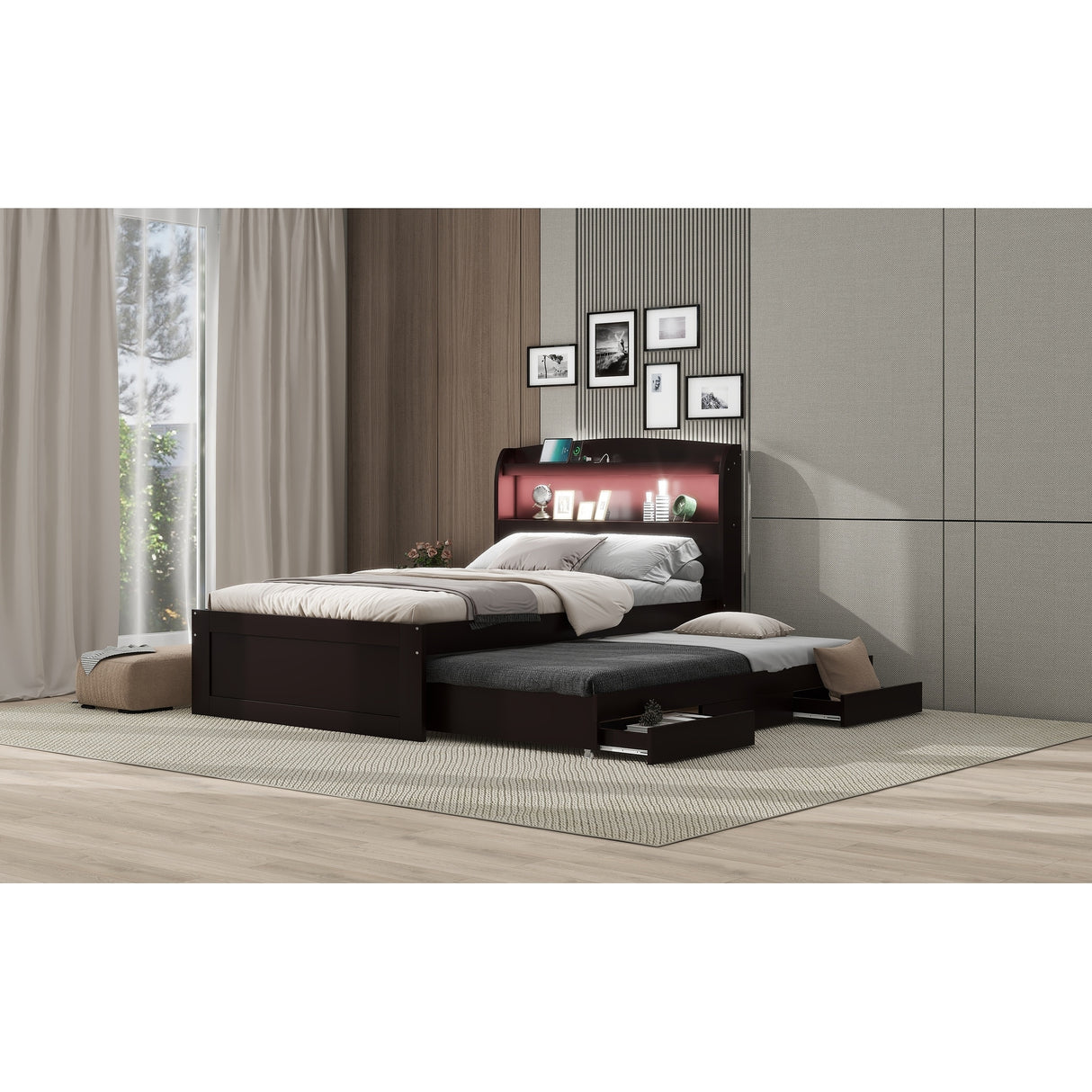 Twin XL Size Platform Bed with Storage LED Headboard, Charging Station, Twin Size Trundle and 2 Drawers, Dark Brown