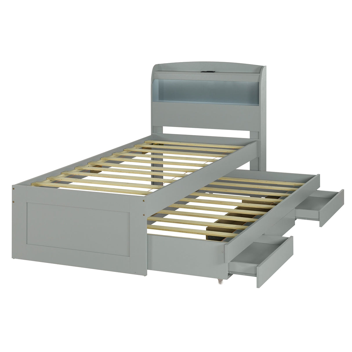 Twin XL Size Platform Bed with Storage LED Headboard, Charging Station, Twin Size Trundle and 2 Drawers, Dark Brown