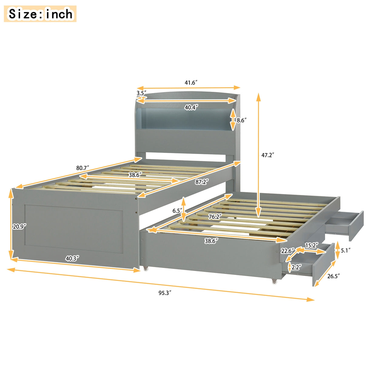 Twin XL Size Platform Bed with Storage LED Headboard, Charging Station, Twin Size Trundle and 2 Drawers, Dark Brown