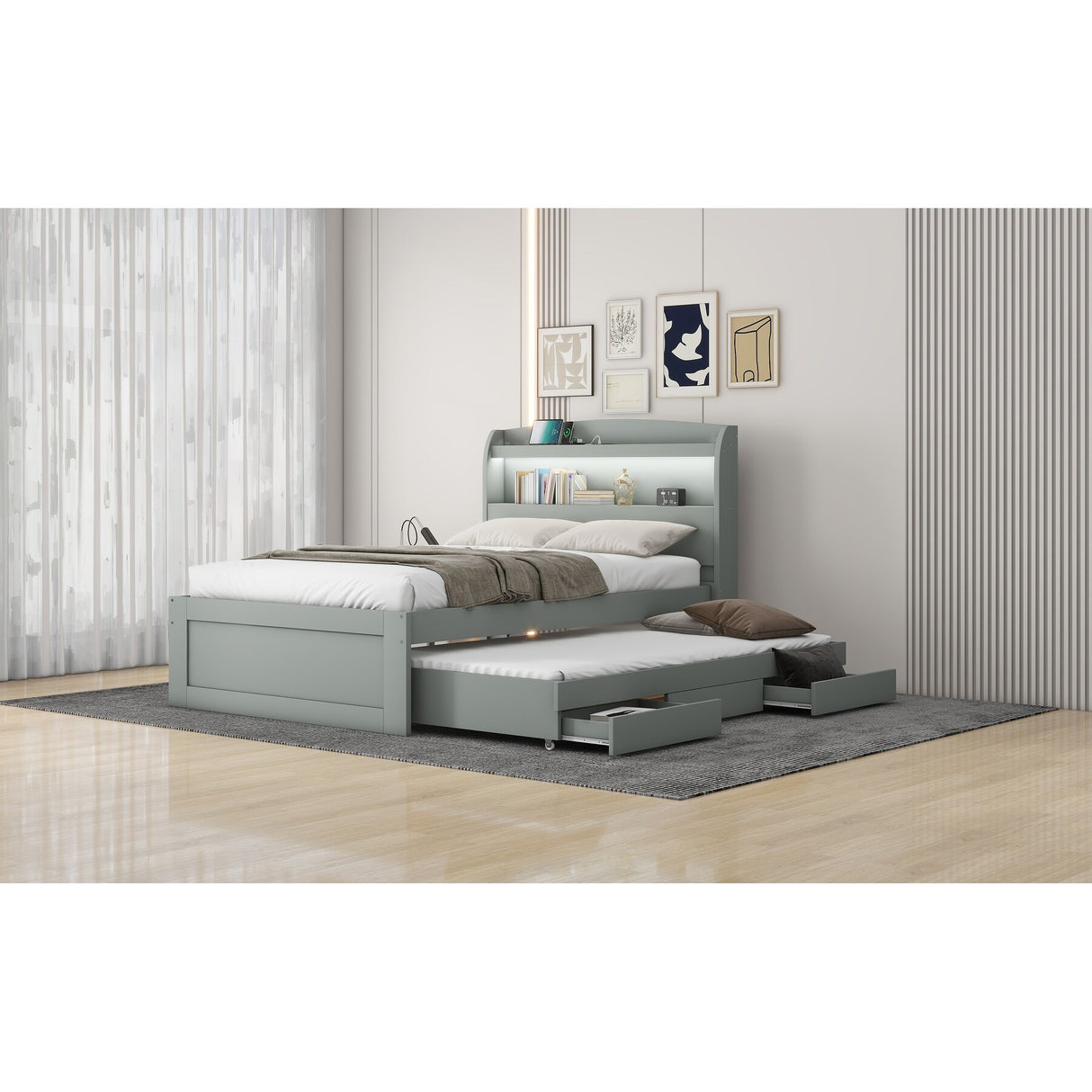 Twin XL Size Platform Bed with Storage LED Headboard, Charging Station, Twin Size Trundle and 2 Drawers, Dark Brown