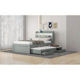 Twin XL Size Platform Bed with Storage LED Headboard, Charging Station, Twin Size Trundle and 2 Drawers, Dark Brown