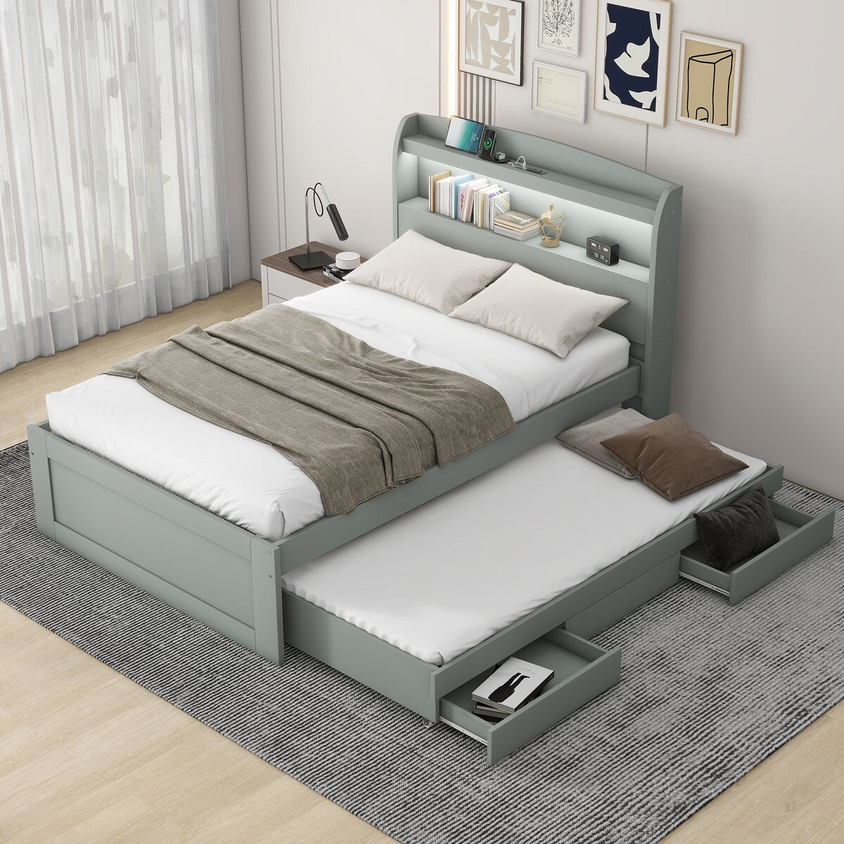 Twin XL Size Platform Bed with Storage LED Headboard Charging Station Overstock