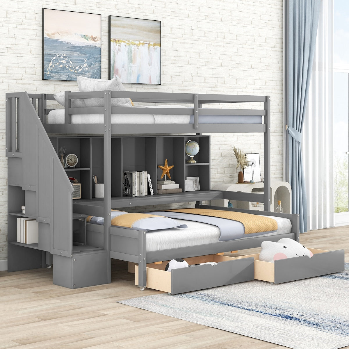 Twin XL over Full Pinewood Bunk Bed with Built-in Bookshelves, Storage Drawers and Staircase