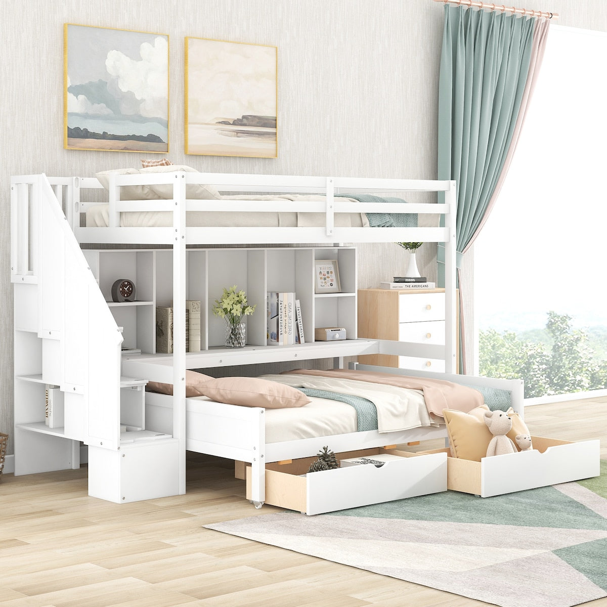 Twin XL over Full Pinewood Bunk Bed with Built-in Bookshelves, Storage Drawers and Staircase