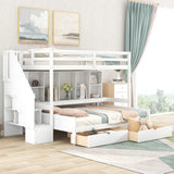 Twin XL over Full Pinewood Bunk Bed with Built-in Bookshelves, Storage Drawers and Staircase
