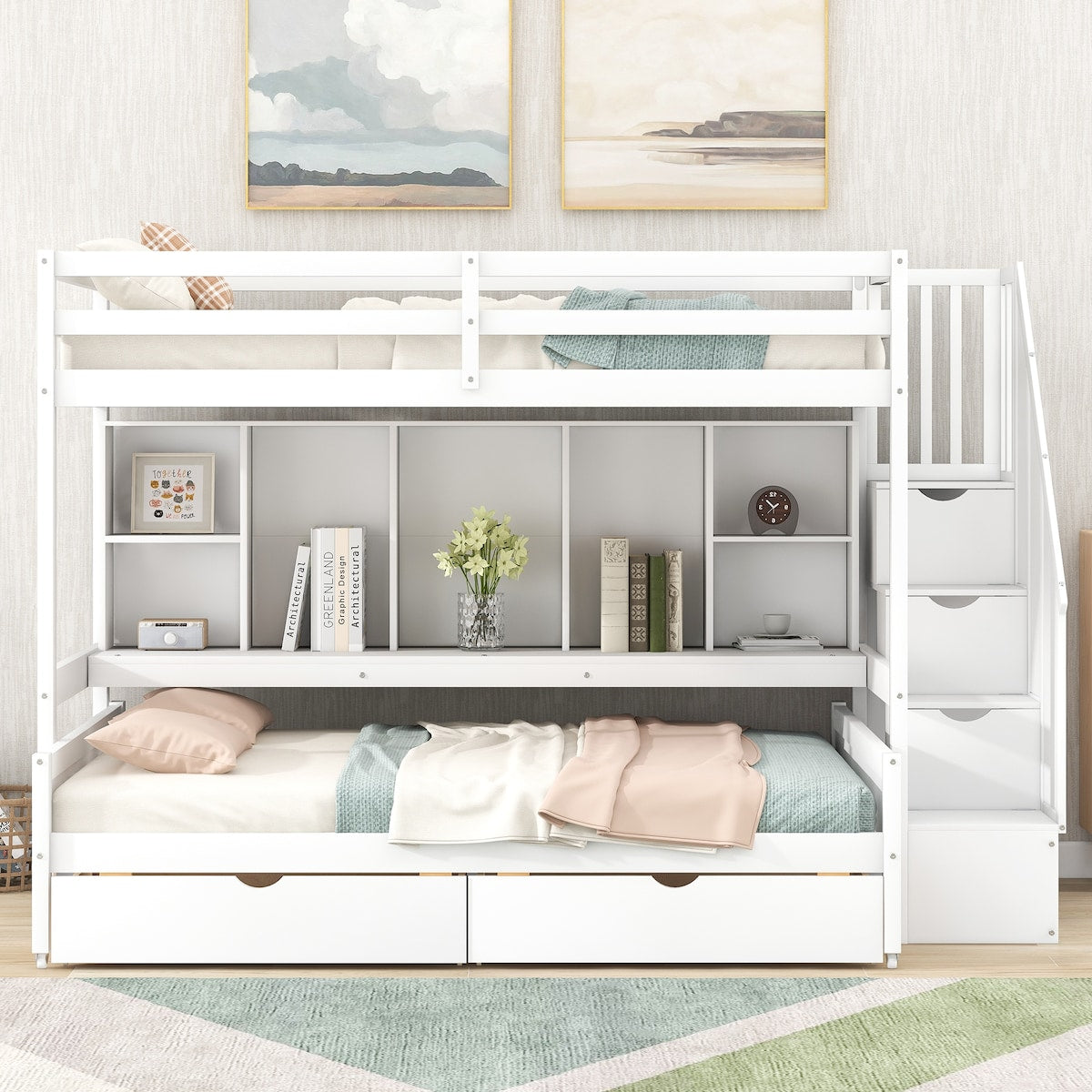 Twin XL over Full Pinewood Bunk Bed with Built-in Bookshelves, Storage Drawers and Staircase
